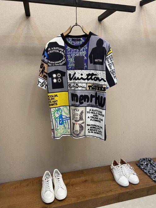ルイヴィトンtシャツ楽天偽物 純綿 半袖 トップス 男女兼用 プリント カラフル 品質保証 ブルー