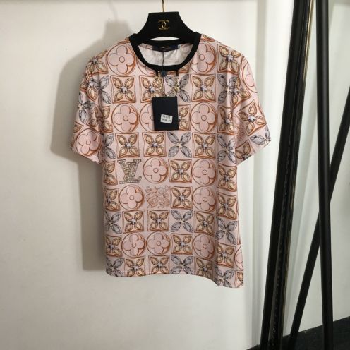 ルイヴィトン tシャツ 値段コピー 純綿 プリント 花柄 新品 ファッション 人気の服 ブラウン