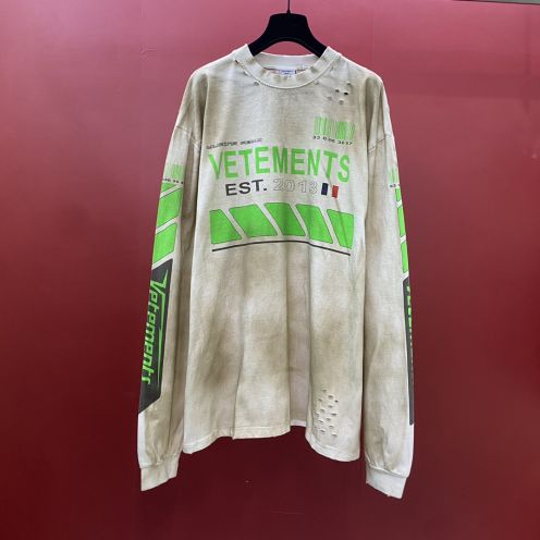 秋服 ヴェトモン 転写コピー トップス クルーネック 純綿 プリント 長袖 復古 古い ゆったり ホワイト