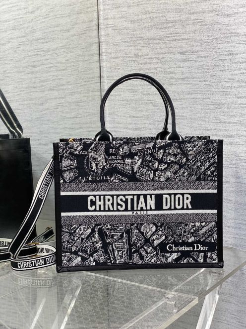 dior バッグコピー ハンドバッグ  トート花柄 大容量 レザー 牛革 シンプル トート 刺繍 ブラック