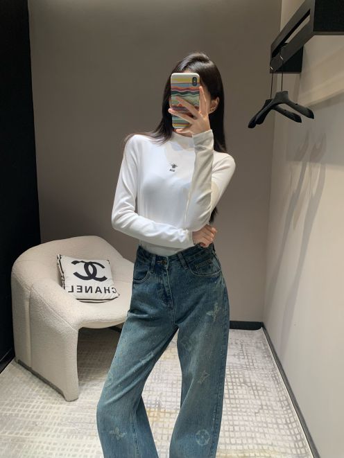 dior レディース tシャツ激安通販 トップス 長袖 ハイネック 純綿 刺繍 シンプル ホワイト