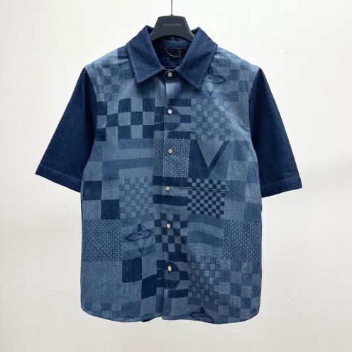 爆買いできる品質保証 ルイヴィトントップス偽物 デニム素材 半袖シャツ 格子模様 シンプル ブルー