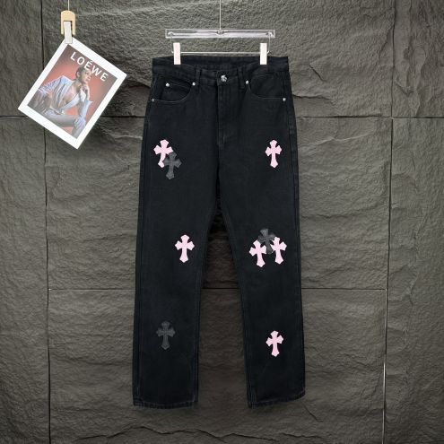 人気流行品 クロムハーツジンーズ偽物 ファッション感 シンプル 筒形パンツ ジーンズ デニム素材 ブラック