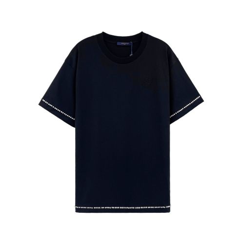 tシャツ ルイヴィトンスーパーコピー 真珠飾り シンプル 綿 半袖 トップス ゆったり ブラック