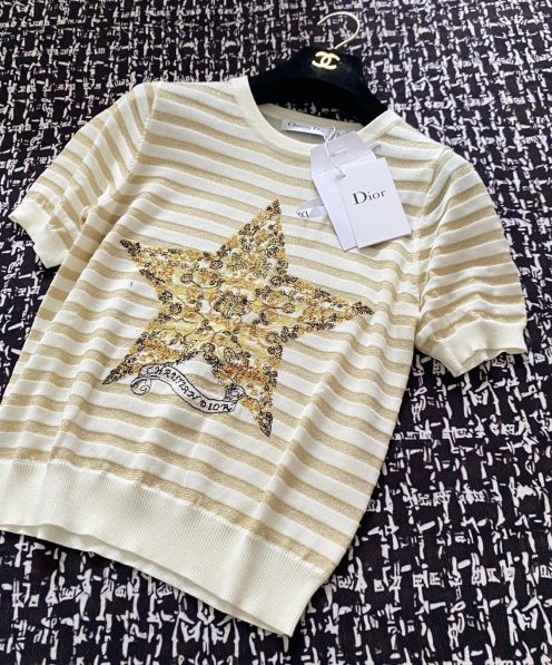 ディオールtシャツヤフオクコピー ゆったり プリント 純綿 トップス 半袖 横縞 シンプル イエロー