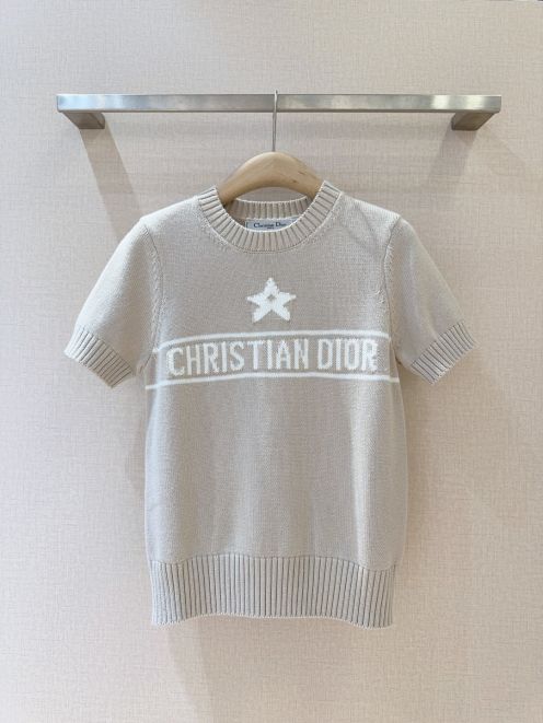 ディオール tシャツ コーデコピー 純綿 トップス 短袖 柔らかい プリント ニット 杏色