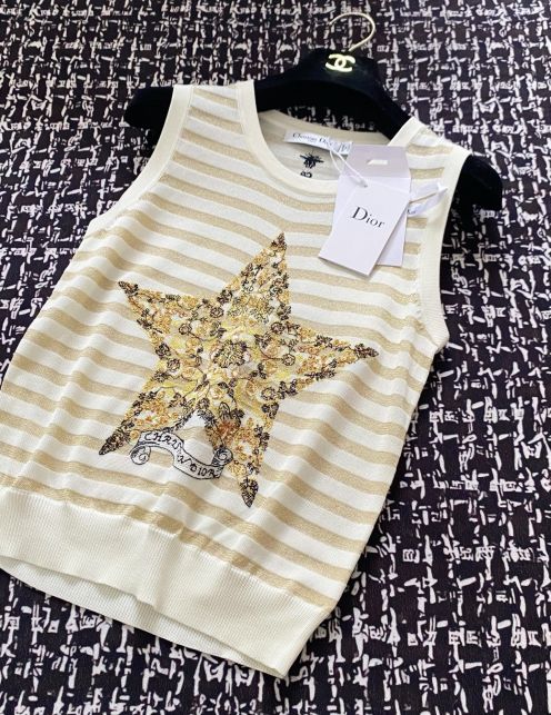 ロゴ刺繍 ディオールtシャツコーデスーパーコピー ゆったり 純綿 トップス 無袖 横縞 イエロー