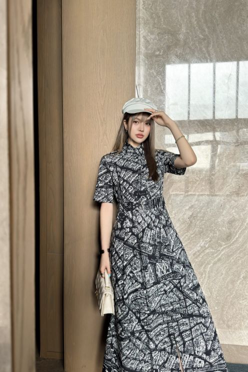 dior スカート ミニ偽物 プリント ワンピース 短袖  優雅レディ シルク ブラック