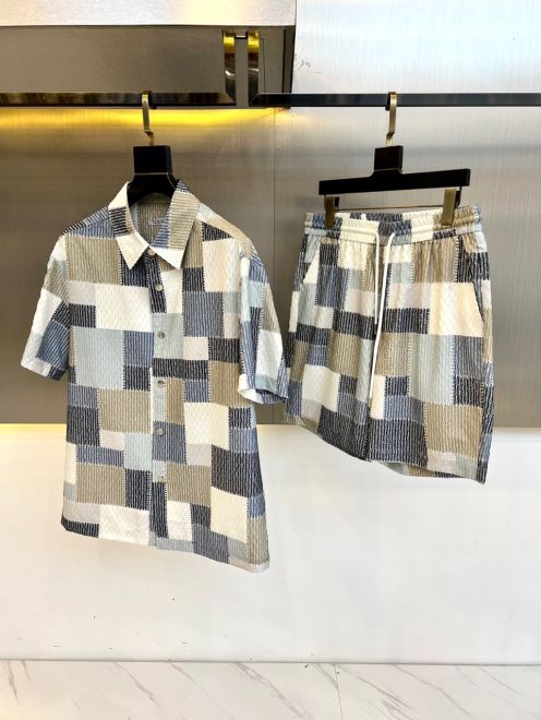 ロエベパーカースーパーコピー 夏セット トップス ショットパンツ 短袖シャツ 格子模様 ブルー