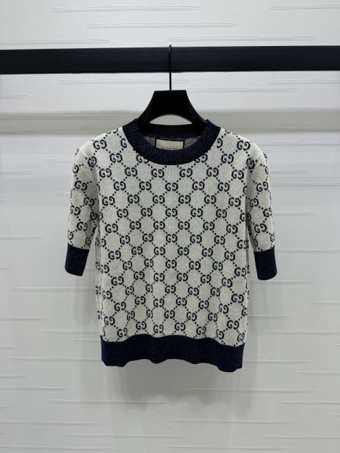 gucci t シャツ メンズコピー ニット トップス 短袖 柔らかい 綿 格子模様 ブラック