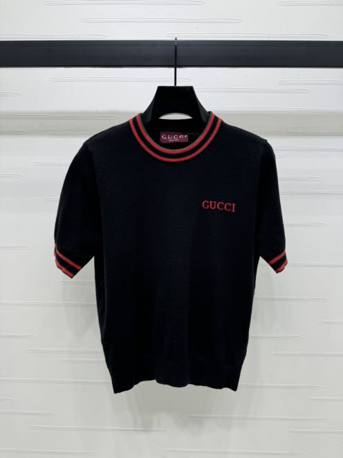 gucci レディ t シャツコピー ニット トップス 短袖 柔らかい 綿 シンプル ブラック