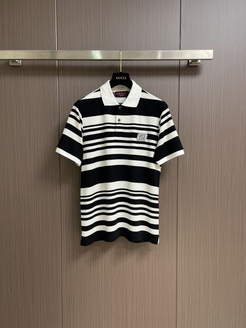 gucci カッター シャツ偽物 ポロシャツ トップス 横縞 カジュアル 柔軟 ブラック