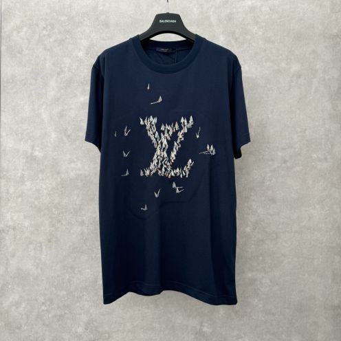 ルイヴィトン ロゴtシャツ偽物 ゆったり 短袖 純綿 トップス ロゴプリント 柔軟 ブルー