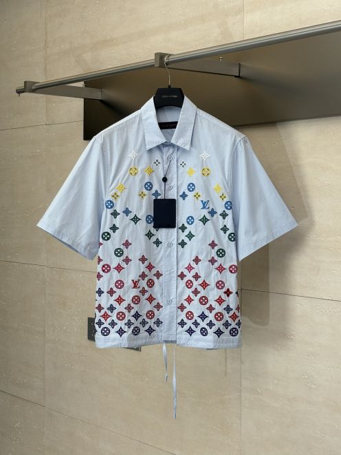 ルイヴィトントップススーパーコピー 刺繡 半袖シャツ 純綿 トップス ファッション感 ブルー