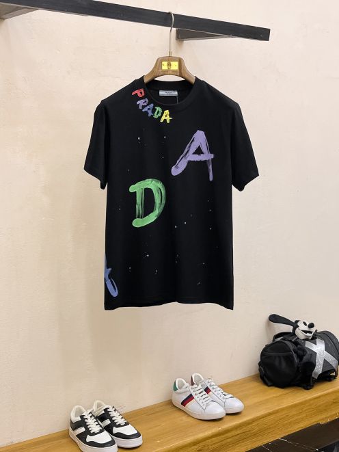 プラダ メンズ t シャツ偽物 半袖 トップス プリント 純綿 ゆったり シンプル ブラック