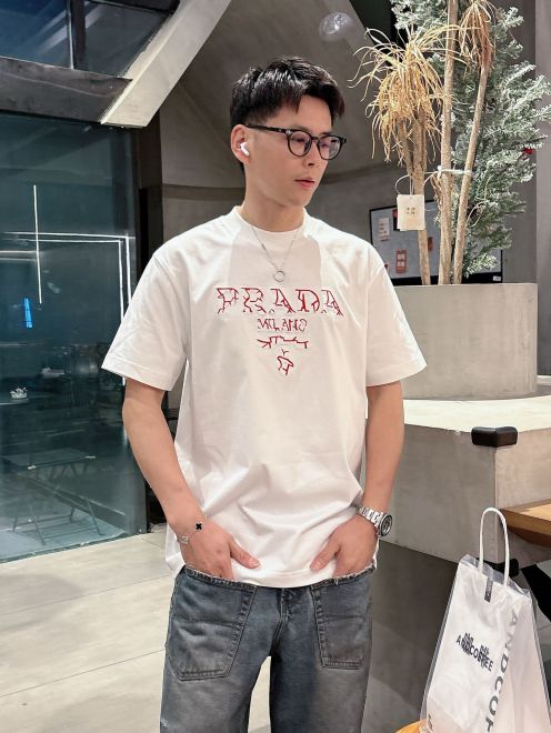 春の新作 prada の t シャツコピー 半袖 トップス プリント 純綿 ゆったり 男女兼用 ホワイト