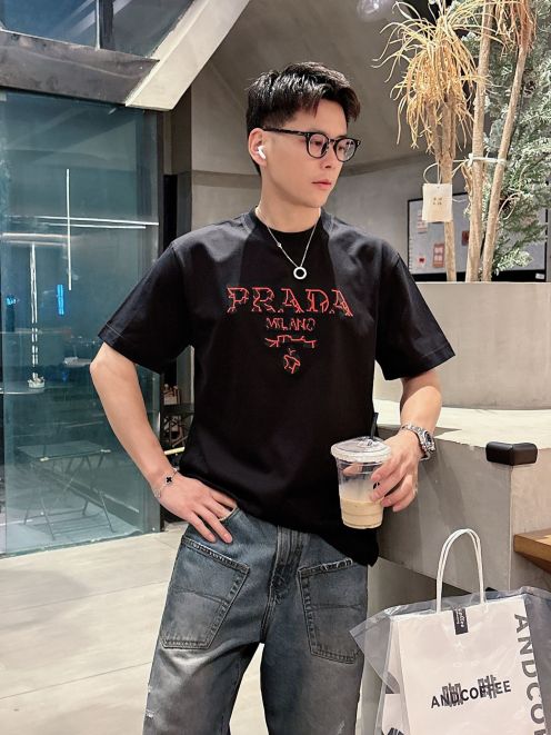 prada t シャツ レディーススーパーコピー 半袖 トップス プリント 純綿 ゆったり 男女兼用 ブラック