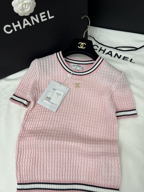 chanel ティー シャツ激安通販 ニット 優雅レディ トップス 半袖 ゆったり 高級感 ピンク
