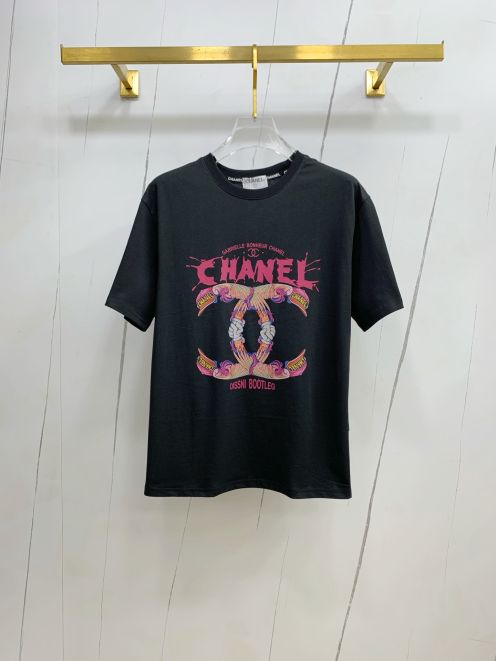 chanel クロップ t シャツ偽物 ゆったり トップス 純綿 ロゴプリント 男女兼用 ブラック