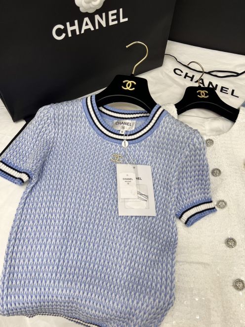 chanel t シャツスーパーコピー ニット 優雅レディ トップス 半袖 ゆったり 高級感 ブルー