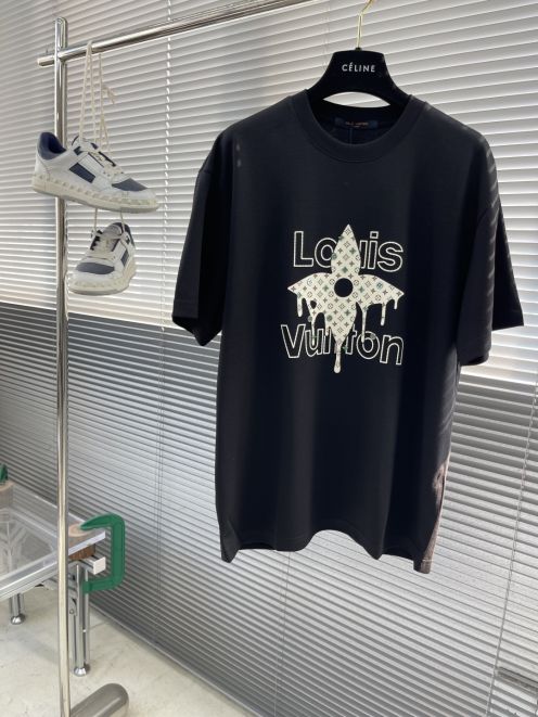 レディース ルイヴィトンtシャツ偽物 純綿 トップス プリント 半袖 男女兼用 ブラック