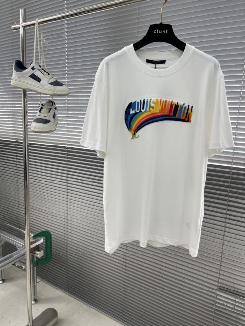 メンズ ルイヴィトンtシャツスーパーコピー 純綿 トップス 虹 プリント 半袖 シンプル ホワイト