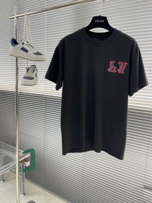 人気商品 ルイヴィトンtシャツレディースコピー 純綿 トップス プリント 半袖 ロゴ刺繍 ブラック