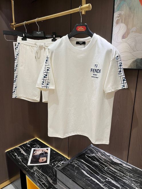 fendi シャツ メンズ偽物 純綿セット トップス プリント 短袖Ｔシャツ ゆったり 上質 ホワイト