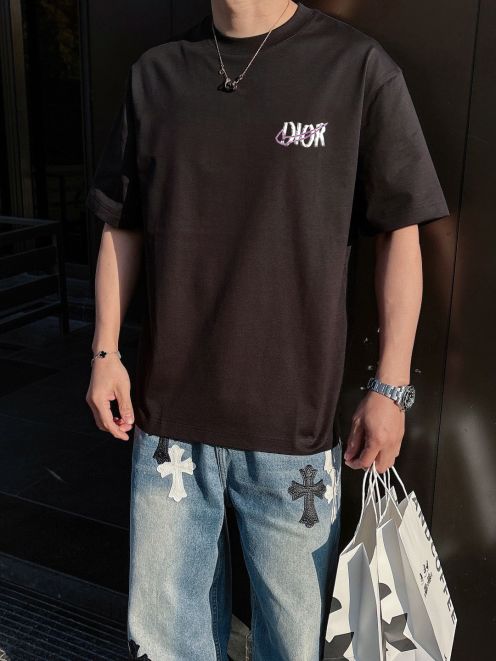 ディオールtシャツコーデコピー 通気性いい トップス 短袖 100％綿 ブラック