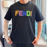 最新販売 フェンディ メンズ ティー シャツ偽物 トップス ゆったり 短袖 純綿 プリント ブラック