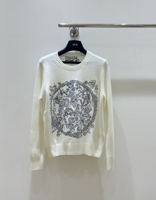 ディオール ホワイト ニットセーター フローラル刺繍 2025新作 優良サイト 高級感ある仕上げ