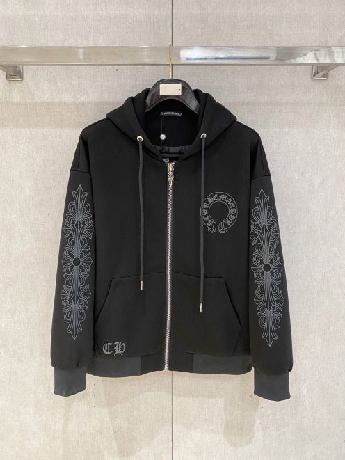クロムハーツ 芸能人 着用風 ブラックジップアップパーカー 袖クロス刺繍 高級レベル仕様 秘密厳守配送