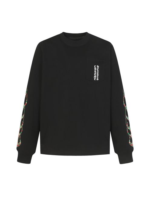 クロムハーツ ブランド コピー 安全通販 ブラック長袖Tシャツ 袖チェーン柄入り ポケットロゴ 品質管理徹底 ユーザー満足保証