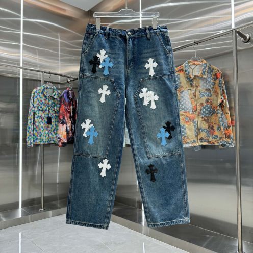 クロムハーツ ブランド コピー 安全通販 ブルーデニムパンツ クロスモチーフ装飾 品質管理徹底 圧倒的な再現度
