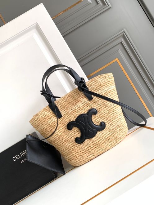 セリーヌ トリオンフ かごバッグ 偽物 ラフィア ブラックレザー 2025新作 ブランド コピー 高評価