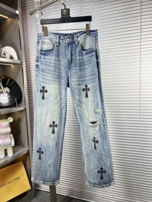 クロムハーツ ジーンズ n級 2025新作 ライトブルー クロス刺繍 ダメージ加工 ヴィンテージデニム