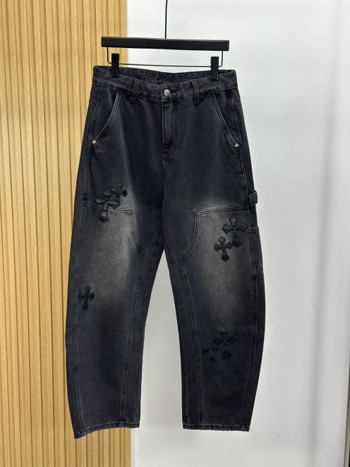 クロムハーツ ジーンズ n級 2025新作 ブラック クロスレザーパッチ ヴィンテージ加工 ストリート人気