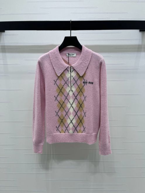 ミュウミュウ アーガイル柄 襟付き ニット セーター ピンク コピー 2025新作 細部まで忠実 高再現度デザイン 即納対応