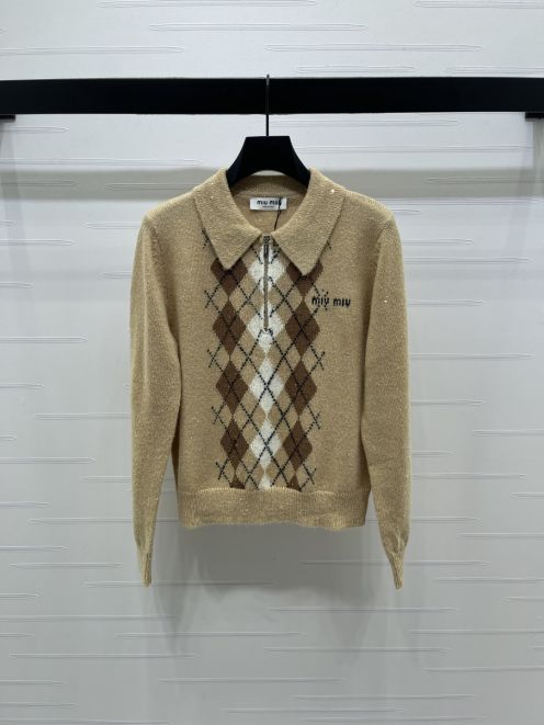 ミュウミュウ アーガイル柄 襟付き ニット セーター ベージュ ブランド コピー 上品デザイン 高級感仕上げ 秋冬人気即納
