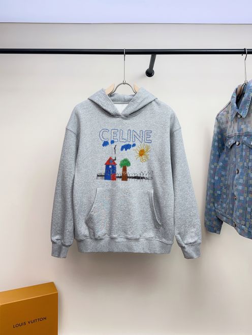 セリーヌ パーカー 格安 刺繍デザイン フーディ グレー 2025新作 ブランド 服 コピー 激安 通気 快適な着心地 高評価