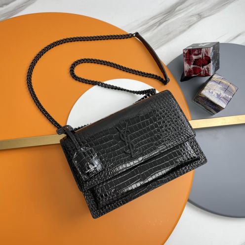 サンローラン チェーンバッグ 優良サイト 2025新作 高品質 上質感 丁寧な縫製 高再現度 発送保証 オールブラック クロコ型押し