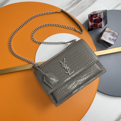 サンローラン チェーンバッグ 激安屋口コミ 2025新作 高品質 上質感 丁寧な縫製 高再現度 安心サイト グレイ クロコ型押し