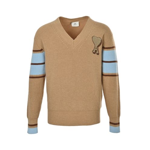 アミ パリ Vネックニット 2026新作 キャメル配色 ブランド コピー 安全通販 高再現度 快適な着心地 男女兼用 肌触り良好 高品質仕上げ