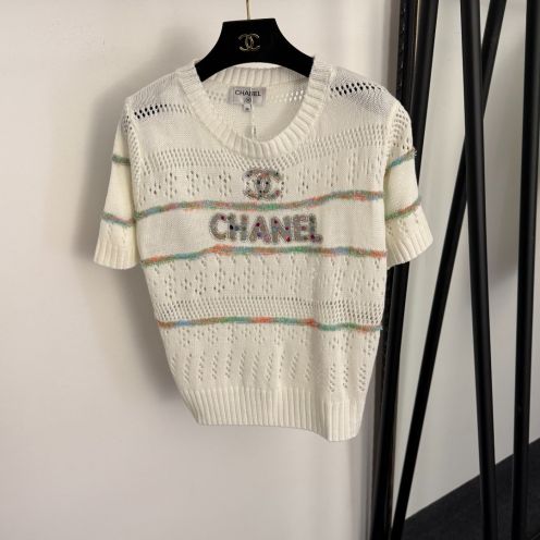 シャネル スーパーコピー ロゴ刺繍ニット半袖トップス 透かし編みデザイン 男女兼用 新作