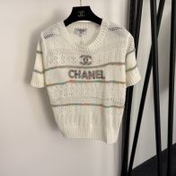 シャネル スーパーコピー ロゴ刺繍ニット半袖トップス 透かし編みデザイン 男女兼用 新作