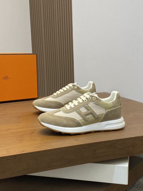 エルメス ハイブランド レザースニーカー Hロゴ ベージュコンビ 上品デザイン