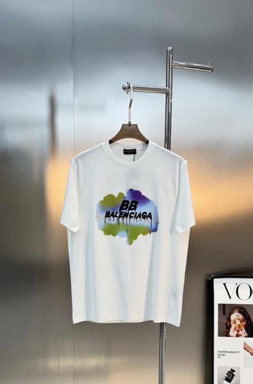 バレンシアガ 半袖Tシャツ BBロゴ カラースプラッシュプリント ストリート系 カジュアルトップス