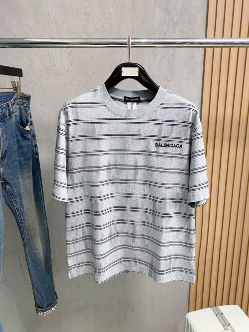 バレンシアガ 格安 半袖Tシャツ ボーダーデザイン ロゴ刺繍 男女兼用 高評価
