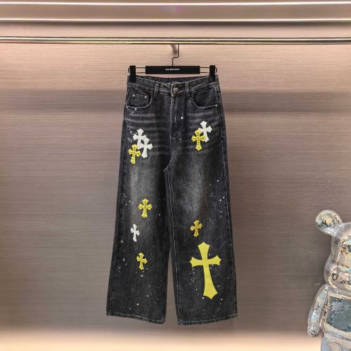 クロムハーツ 格安 デニムパンツ ワイドシルエット クロスプリント 通気 ブランド服コピー激安