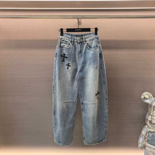 クロムハーツ スーパーコピー デニムパンツ ワイドシルエット クロス刺繍デザイン 通気 定番